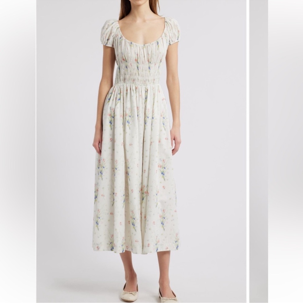 ✨NEW✨ DOEN Quinley Floral Organic Cotton Midi Dress in Painted Bouquet White L - Picture 1 of 14